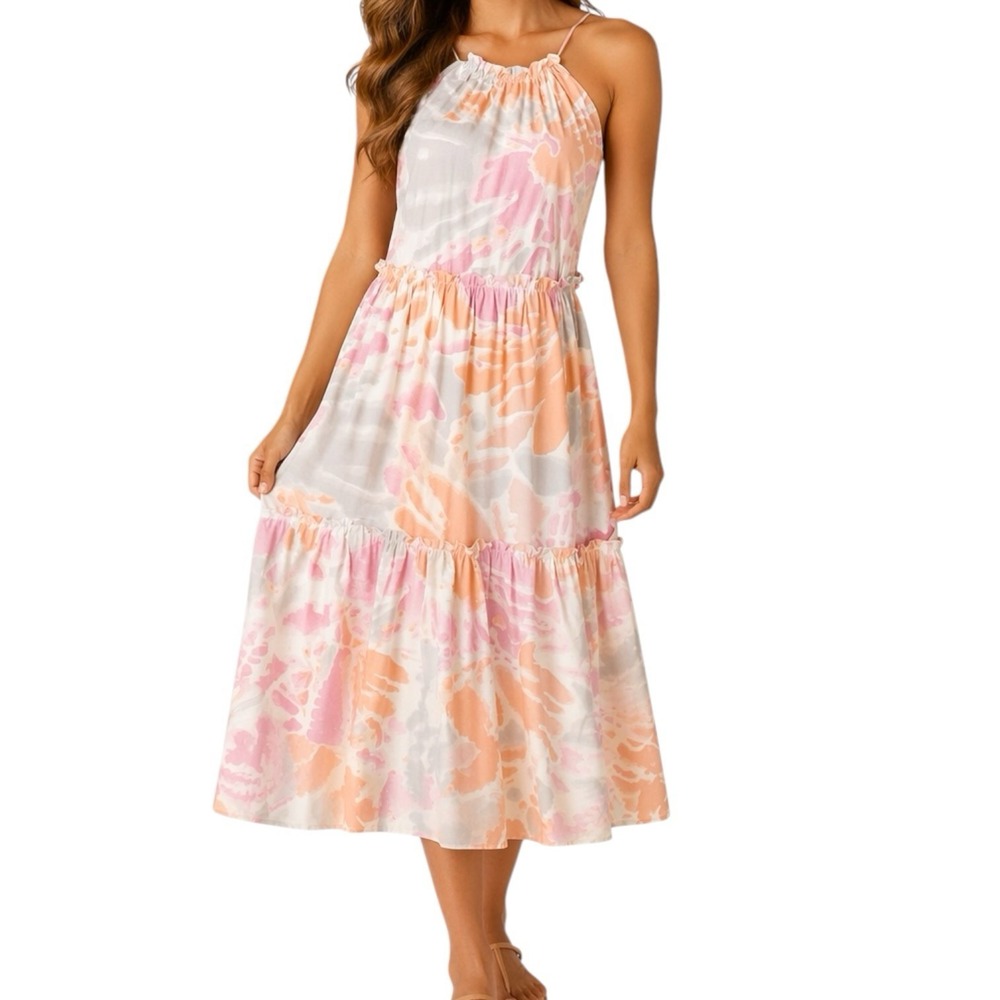 LUSH Midi Halter Sundress sz S Pastel Abstract Beachy Resortwear Casual Boho